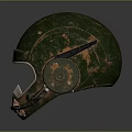 Detailed Military Weapon Helmet With Green Rusted Surface Visor And Connected Tubes