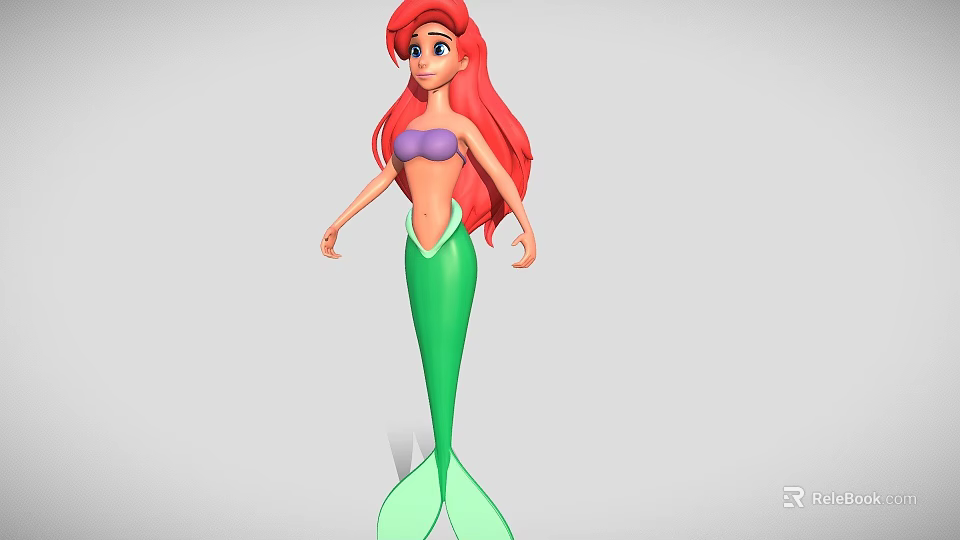 Mermaid Woman Character with Red Long Hair Purple Top and Green Tail 3d model 