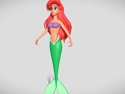 Mermaid Woman Character with Red Long Hair Purple Top and Green Tail 3d model