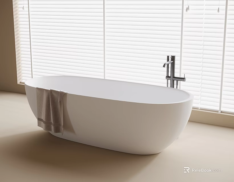 White Freestanding Bathtub with Towel Hanging by Window with Blinds in Interior 3d model 