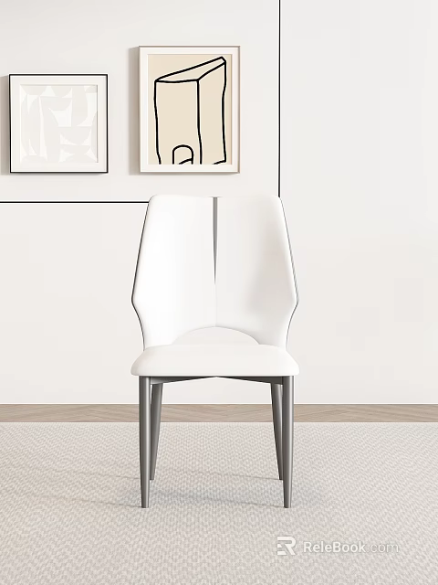 Modern Minimalist White Leather Accent Chair With Silver Metal Legs And Wall Art Decor 3d model 