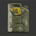 Vintage Green Jerry Can Featuring Yellow Label And Rusty Metal Surface