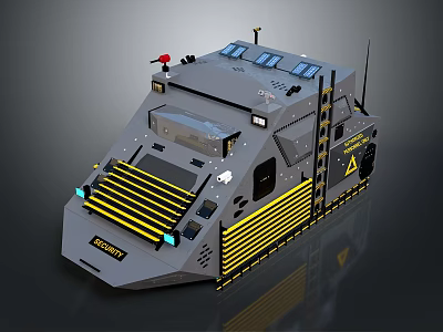 Gray Armored Vehicle With Yellow Stripes Side Ladder Top Equipment And Project Label 3d model