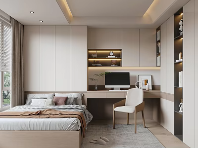 Modern Tatami Bedroom Interior Design With Tatami Bed Desk Chair And Built In Bookshelves 3d model