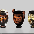 Three Ancient Greek Style Ceramic Vessels With Decorative Patterns And Handles 3d model