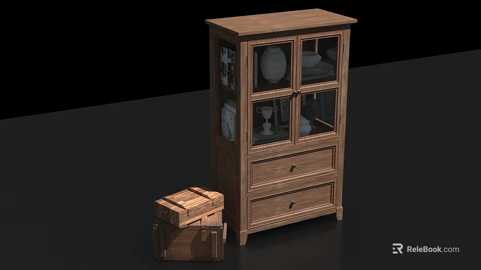 Wooden Bookcase With Glass Doors Drawers And Decorative Items Nearby Wooden Crates 3d model 