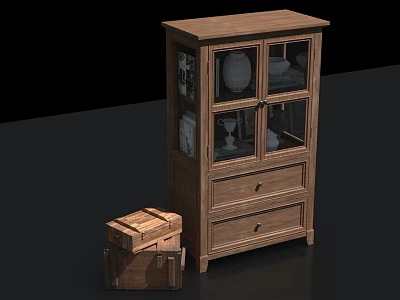 Wooden Bookcase With Glass Doors Drawers And Decorative Items Nearby Wooden Crates 3d model