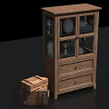 Wooden Bookcase With Glass Doors Drawers And Decorative Items Nearby Wooden Crates