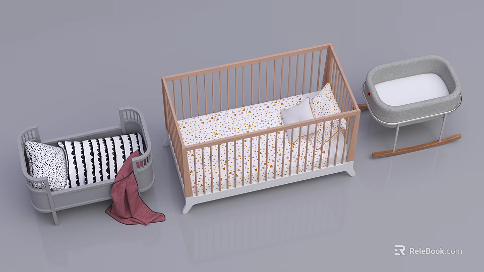 Modern Wooden Baby Crib with Colorful Patterned Mattress and Adjacent Cradle Plus Soft Blanket 3d model 