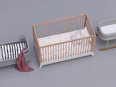 Modern Wooden Baby Crib with Colorful Patterned Mattress and Adjacent Cradle Plus Soft Blanket 3d model