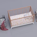 Modern Wooden Baby Crib with Colorful Patterned Mattress and Adjacent Cradle Plus Soft Blanket