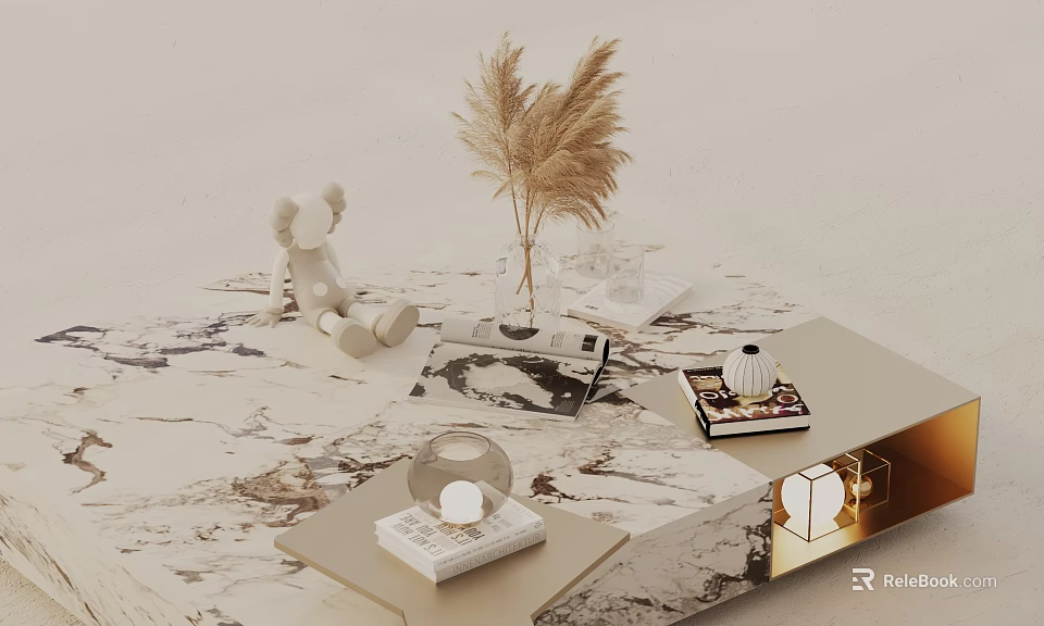 Modern Sofa Coffee Table Set With Marble Top And Decorative Vase Books 3d model 