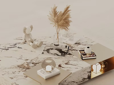 Modern Sofa Coffee Table Set With Marble Top And Decorative Vase Books 3d model