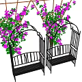Outdoor Chairs Surrounded by Purple Flowers and Green Vines on Pergola