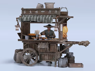 Traditional Chinese Street Food Cart Cooking Homemade Noodles with Wooden Structure and Lanterns 3d model