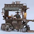 Traditional Chinese Street Food Cart Cooking Homemade Noodles with Wooden Structure and Lanterns