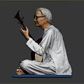 Man Wearing Traditional White Clothing Sitting On Blue Mat Playing Stringed Instrument Against Gray Background