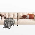 Beige Modern Minimalist Two-Seater Sofa with Decorative Pillows Gray Blanket and Metal Legs