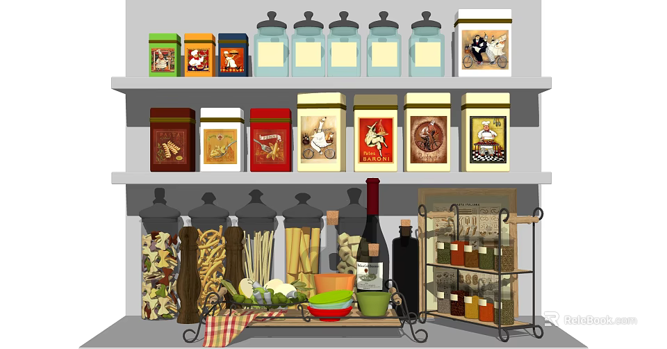 Kitchen Shelf Arrangement With Colorful Glass Spice Bottles Labels And Various Jars 3d model 