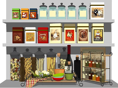 Kitchen Shelf Arrangement With Colorful Glass Spice Bottles Labels And Various Jars 3d model