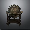 Vintage Decorative Globe With Ornate Wooden Stand And Hand Painted Illustrations