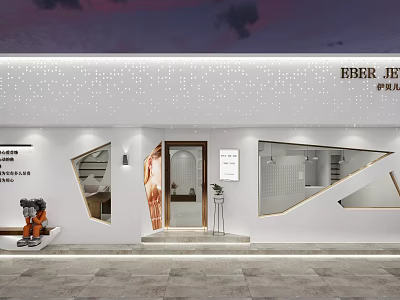 Modern White Storefront Design With Lighting Decoration Glass Door And Geometric Windows 3d model