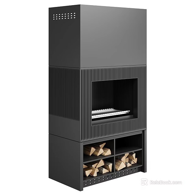 Modern Black Fireplace Design With Vertical Stripes And Wood Logs Storage 3d model 