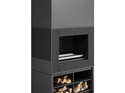 Modern Black Fireplace Design With Vertical Stripes And Wood Logs Storage 3d model