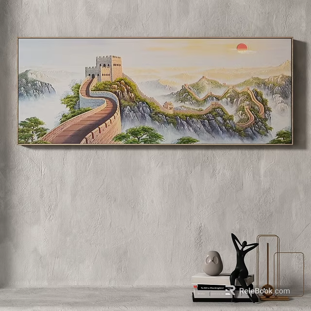 Chinese Great Wall Landscape Painting With Scenic Mountains Sun Clouds And Pine Trees 3d model 