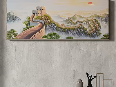 Chinese Great Wall Landscape Painting With Scenic Mountains Sun Clouds And Pine Trees 3d model