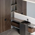 Modern Bathroom Vanity Design With Wooden Cabinetry White Tiles And LED Lighting