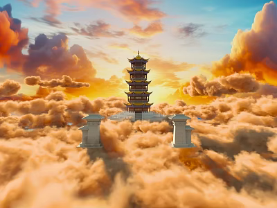 Ancient Pagoda Standing Above Cloud Sea Sunset Sky With Orange Clouds And Stone Pillars 3d model