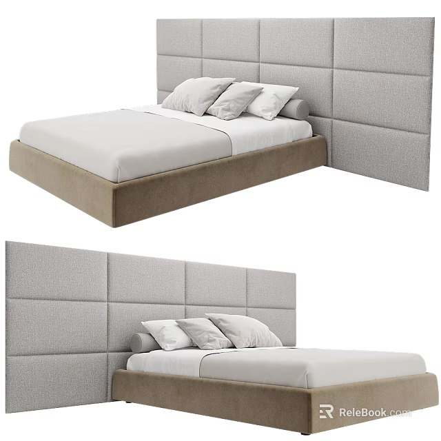 Modern Upholstered Double Bed With Soft Cushioned Headboard And Neutral Toned Bed Frame In Stylish Bedroom Interior 3d model 