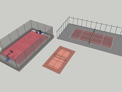 Outdoor Sports Court Designs Featuring Fenced Basketball And Tennis Court Layouts 3d model