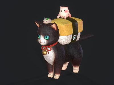 Small Green Reptile Ornament On Sushi Shaped Object Over Black Cat With Red Collar Bell 3d model