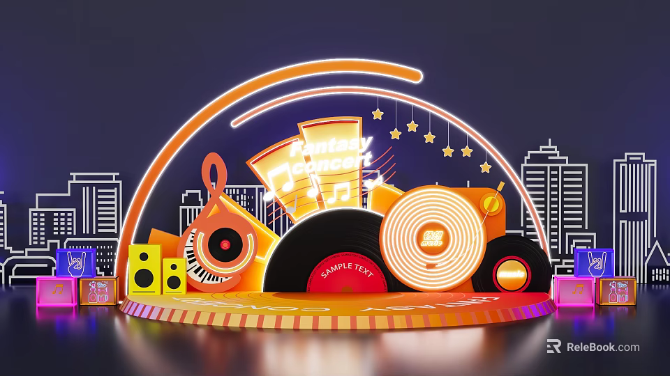 Vibrant Stage with Neon Lights Sunday Night Sign Vinyl Records Music Notes and City Skyline 3d model 