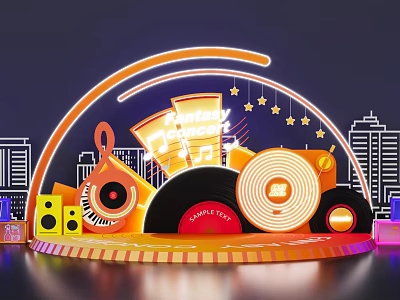 Vibrant Stage with Neon Lights Sunday Night Sign Vinyl Records Music Notes and City Skyline 3d model