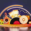 Vibrant Stage with Neon Lights Sunday Night Sign Vinyl Records Music Notes and City Skyline