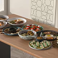 Assorted Appetizing Foods On Wooden Table With Meat Vegetables Snacks And Sauces