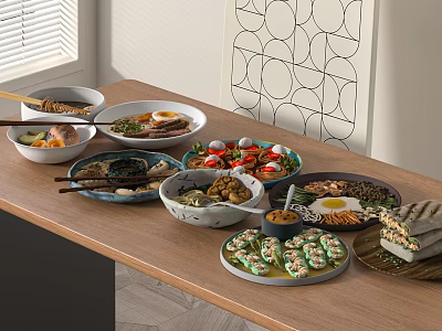 Assorted Appetizing Foods On Wooden Table With Meat Vegetables Snacks And Sauces 3d model