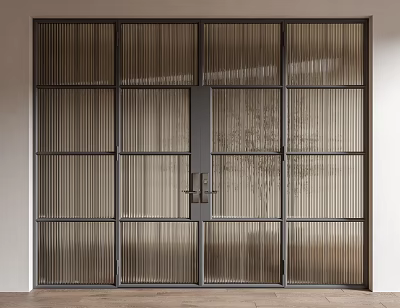 Modern Double Doors With Metal Frame And Ribbed Glass Interior Design 3d model