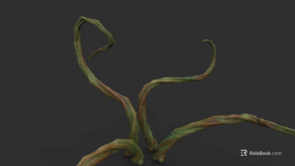 Botanical Drawing Featuring Curved Green and Brown Plant Stems on Dark Background 3d model 