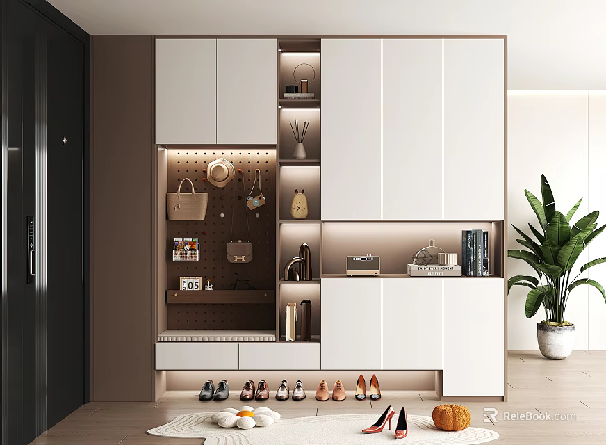Entryway Modern Shoe Cabinet With White Design Multiple Compartments Hooks And Shoe Storage 3d model 