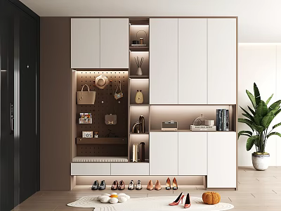 Entryway Modern Shoe Cabinet With White Design Multiple Compartments Hooks And Shoe Storage 3d model