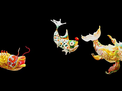 Colorful Fish Sculpture Carving with Vibrant Colors Different Decorations and Black Background 3d model