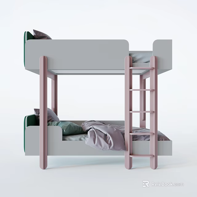 Modern Stylish Bunk Bed With Pink Ladder Green Cushions And Purple Bedding 3d model 