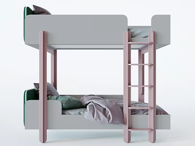 Modern Stylish Bunk Bed With Pink Ladder Green Cushions And Purple Bedding 3d model