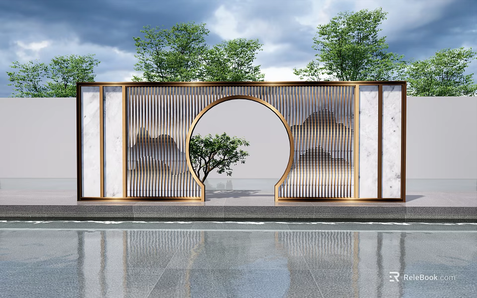 Scenic Garden Wall Featuring Circular Arch Wooden Lattice And Marble Panels With Green Plant 3d model 