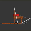 Traditional Wooden Sled With Red Seat White Ropes And Blue Skis