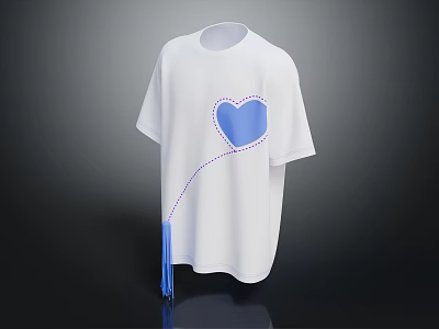 White T-shirt With Blue Heart Pattern And Hanging Tassel Design 3d model